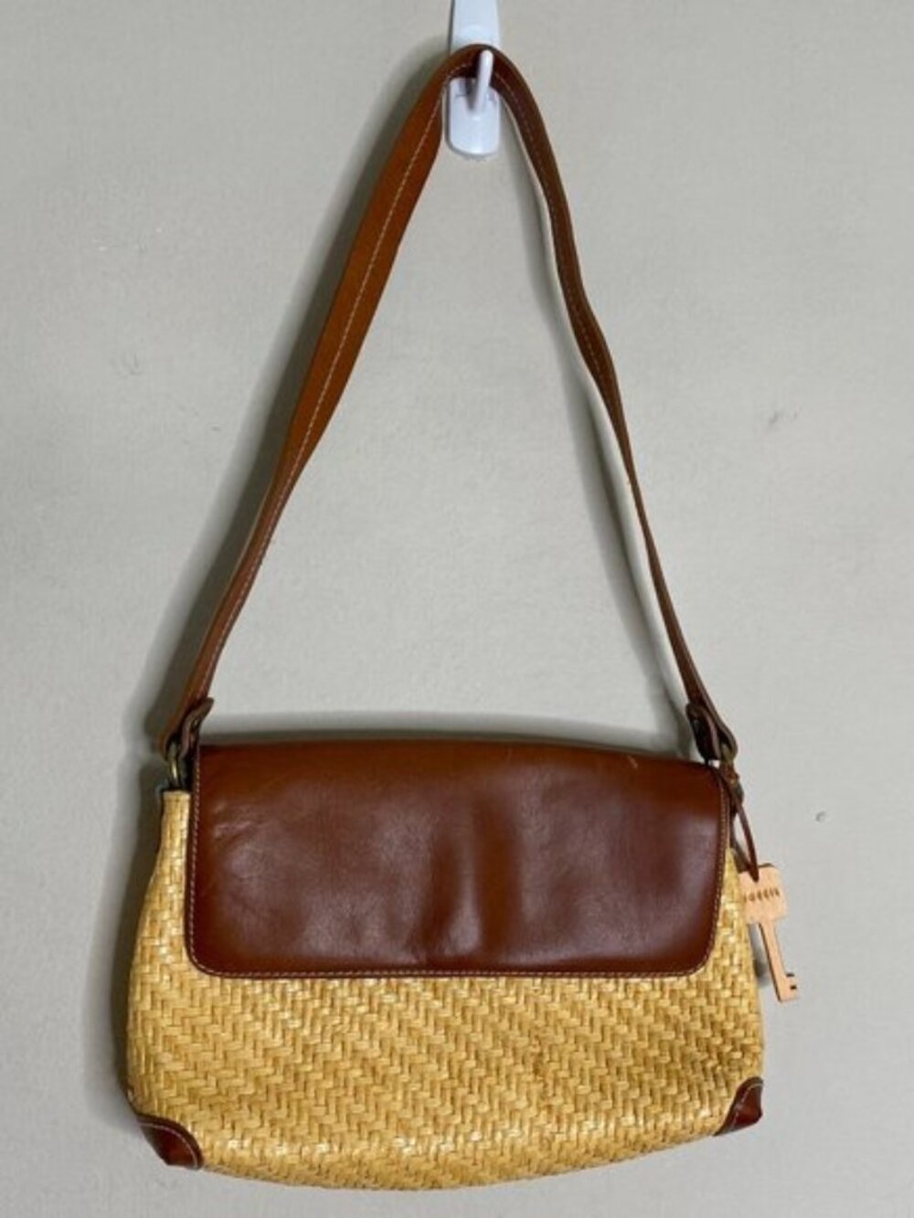 Fossil Straw Woven Shoulder Bag with Brown Leather Flap
